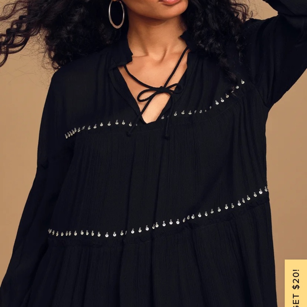 Lulu’s Make Some Waves Black Tiered Long Sleeve Boho Swing Dress Size Small - Picture 3 of 16